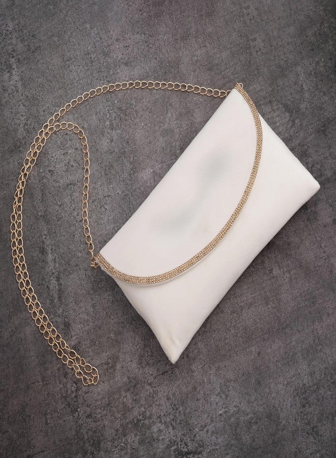 AVIRATH ENTERPRISE White Velvet Envelope Clutch Purse with Rhinestone Trim and Chain Strap, Crossbody Evening Bag for Women - Image 5